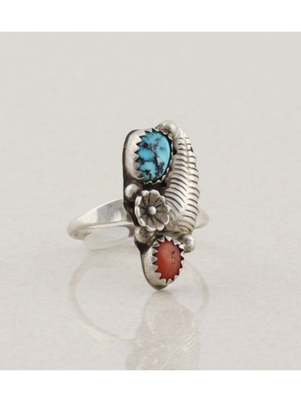 Sterling Silver Natural Turquoise & Coral Ring Size 7 3/4 - Picture 4 of 7